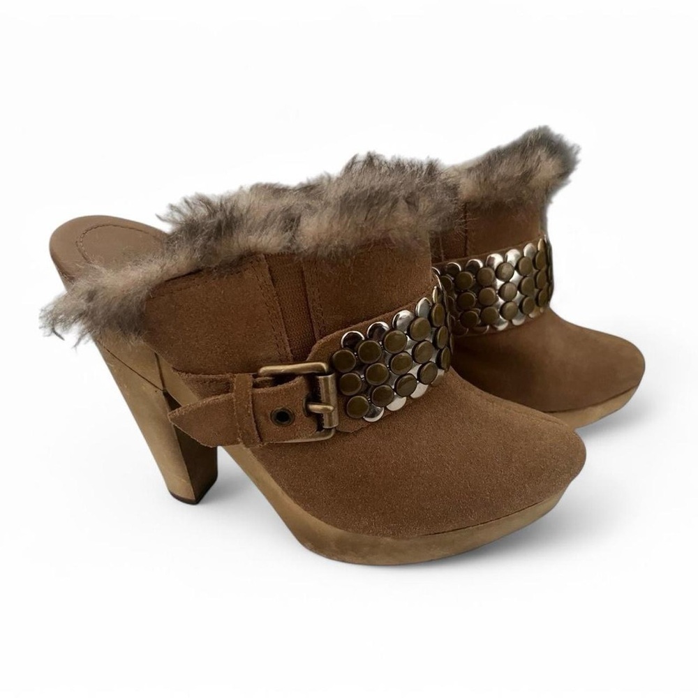 Brown Suede Fur-Trimmed Women's Clogs